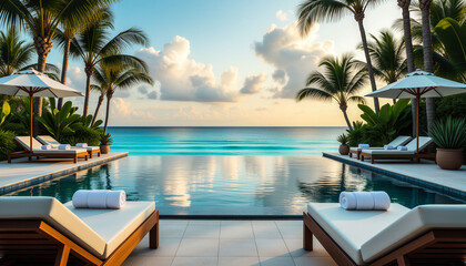 Fototapeta premium A pool with a view of the ocean and palm trees. The pool is surrounded by lounge chairs and umbrellas