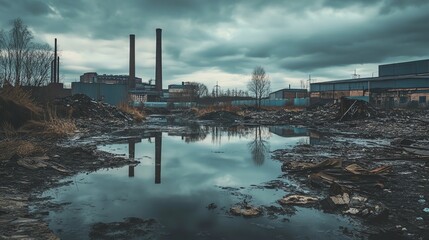 Obraz premium Industrial Wasteland with Water Reflection Under a Stormy Sky Scenery