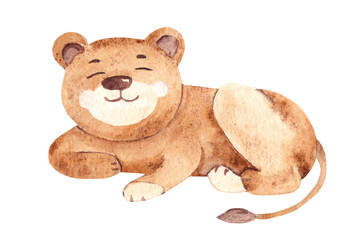 Cute little lion cub, baby in lying pose, . Watercolor African animal illustration. Hand drawn Safari art isolated on a white background. Perfect for kid cards and posters, clothes prints and