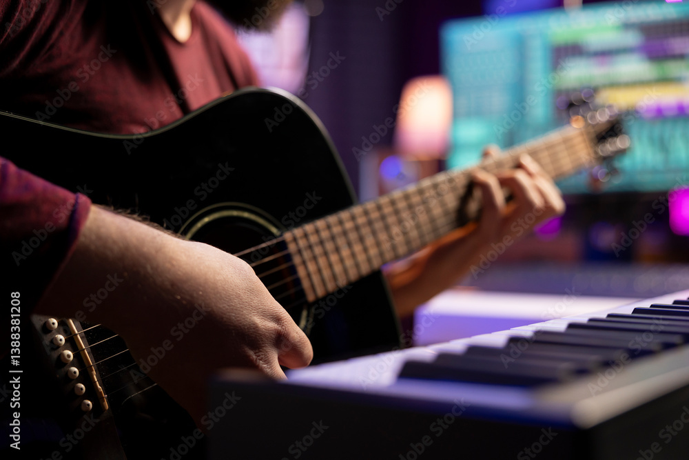 Poster young artist playing guitar and creating music using daw software interface on computer, recording a