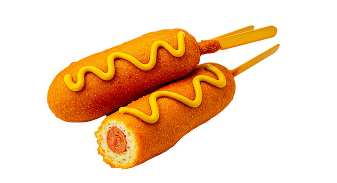 Two corn dogs with mustard on a stick one cut in half on a black background close up shot delicious food and clean png - Powered by Adobe