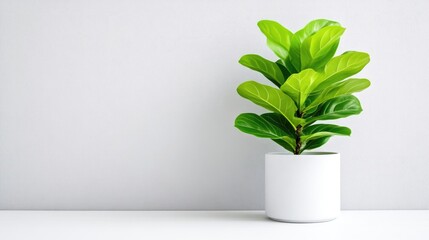 Fototapeta premium A lush green potted plant on a white shelf against a minimalist light gray wall, and indoor decor concept with natural lighting.