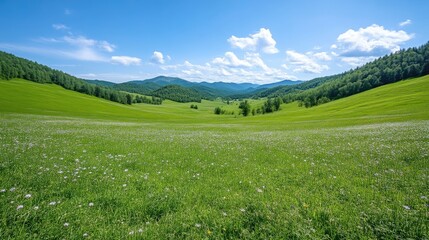 Fototapeta premium A lush green meadow stretches to rolling hills under a bright blue sky. White wildflowers dot the foreground. The background shows distant mountains and forested slopes. The image is high-resolution