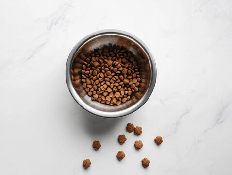 Dog food bowl filled with crunchy kibble and some scraps on the marble floor. Generative AI.