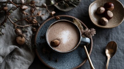 Enjoying Hot Chocolate Drink with Hazelnut and Autumnal Decoration