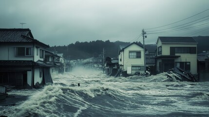 City buldings and giant tide wave ravaging coast town in a hurricane storm.