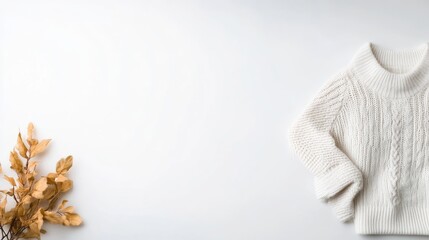 A cozy white knit sweater lying on a minimalist white surface with autumn leaves, and showcasing simplicity and seasonal fashion.