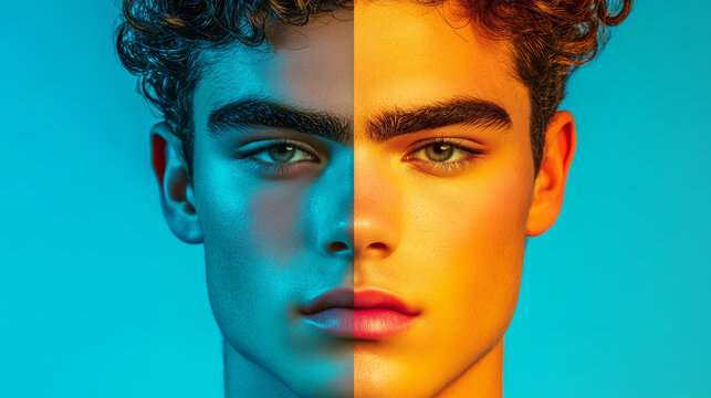 Colorful portrait of a biracial young man with curly hair and symmetrical face in blue and yellow light for modern identity themes
- Powered by Adobe