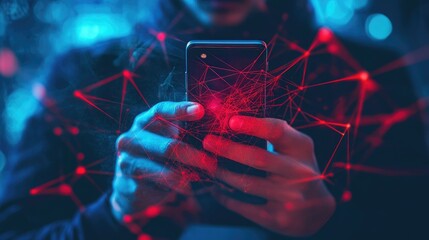 Hand Holding a Smartphone with Red Holographic Connections, Evoking a Sense of Digital Networking and Innovation