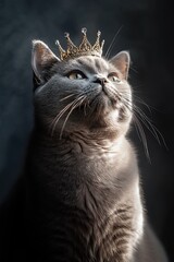 Gray cat wearing small golden crown looking up in the dark
