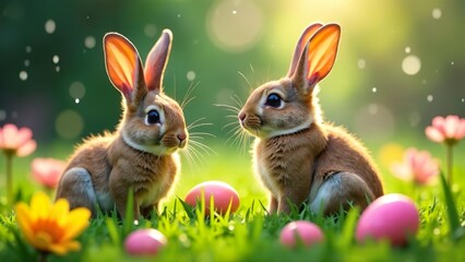 Fototapeta premium Easter card, spring banner 2026, two Easter bunnies sitting in the grass among Easter eggs, illuminated by sunlight