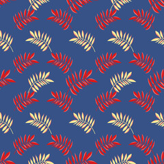 Repeating Leaf Pattern on Blue Fabric: Elegant Textile Design with Red and Beige Botanical Accents for Fashion and Home Decor 