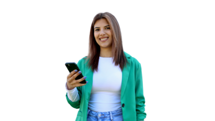 Professional businesswoman texting on smartphone, white isolated background