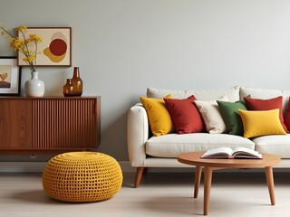 Modern Living Room with Beige Sofa, Colorful Throw Pillows, and Yellow Knitted Pouf,Warm Contemporary Room with Colorful Details and Wooden Mid-Century Sideboard,Retro Sideboard, and Geometric Wall Ar