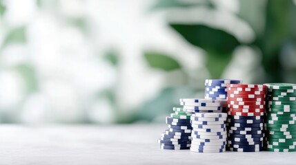 Stacks of poker chips sit on a table. The chips are red, white, green, and blue. They are arranged in a slightly haphazard pile against a blurred background of green foliage. The image is well-lit,