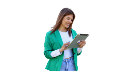 Young businesswoman smiling and using tablet, isolated on transparent background