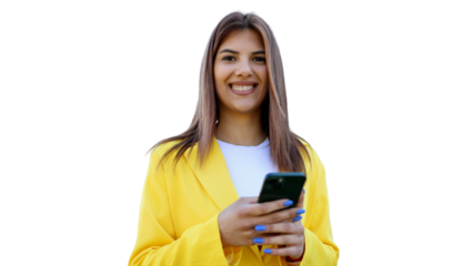 Young businesswoman wearing yellow jacket using mobile phone with transparent background