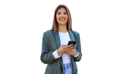 Young businesswoman holding a smartphone, smiling and looking up, isolated on transparent background