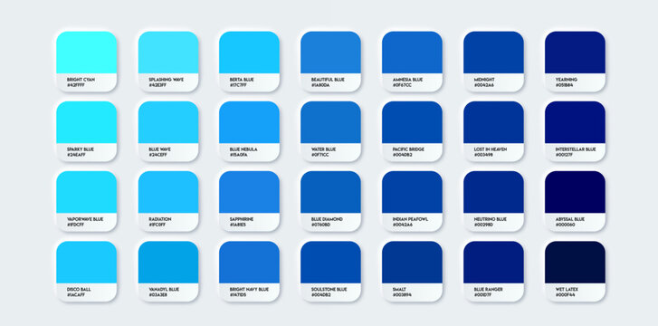 Blue Color Guide Palette with Color Names. Catalog Samples Blue with RGB HEX. Neomorphism Vector