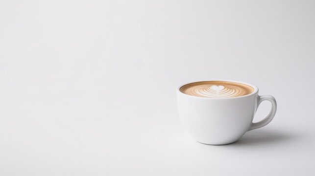 A white mug of latte art coffee sits on a plain white background. The image is simple, with the focus on the coffees design. Its a high-quality, well-lit photo with minimal background distractions. T