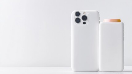 A sleek white smartphone case and matching wireless charger displayed on a minimalist white surface, and showcasing modern technology and clean design.