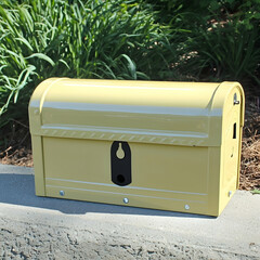 Pastel yellow mailbox sits on curb, lush green plants in background; perfect for real estate or home improvement websites