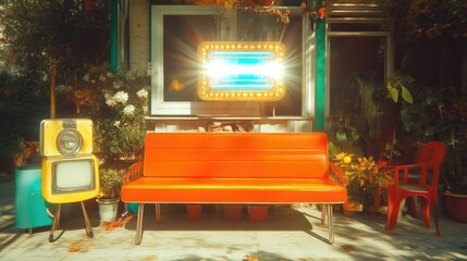 Retro outdoor cafe scene with vibrant colors and vintage furniture