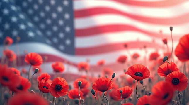 Abstract background with waving American flag pattern blended with subtle red poppy flowers, symbolic representation of remembrance and patriotism, clean graphic style