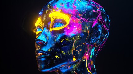 Close up of a metallic human head with vibrant colors and glowing accents on a black background