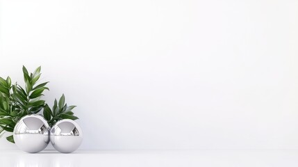 Two metallic silver spheres rest near greenery against a stark white background. The image is clean and minimalist, with high-quality resolution and bright, even lighting. The style is modern and si