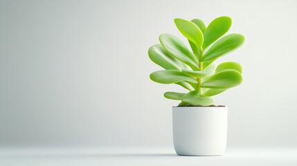 Jade Plant in White Pot Minimalist Style High-Resolution Soft Lighting Side Profile View Lush Green Foliage Growing Indoors Calm Serene Tones Ideal for Home Decor Websites