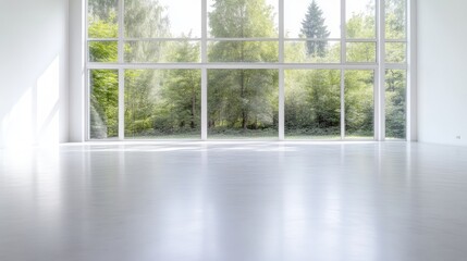 Spacious, bright, modern interior with large windows showcasing a tranquil outdoor landscape