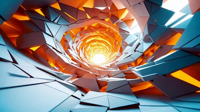 Abstract geometric tunnel with spiraling metallic shards and glowing orange core