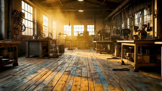 Vintage workshop with rustic wooden floors and scattered industrial equipment