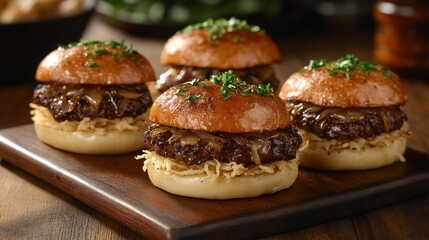 Four gourmet mini burgers with caramelized onions on a wooden board.
