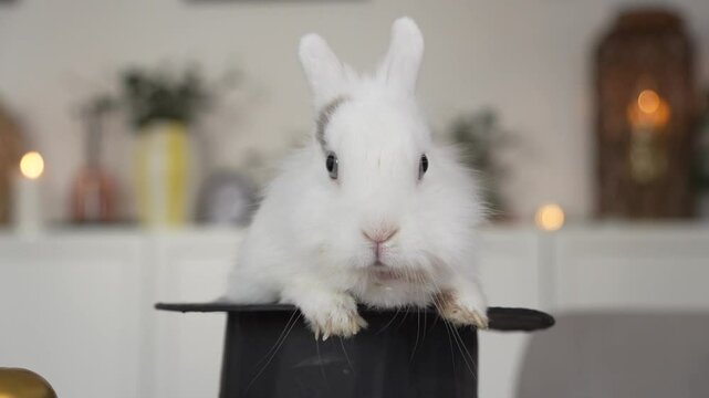 White fluffy bunny sitting in magic hat easter and holiday decoration concept
