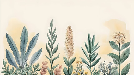 Fototapeta premium Watercolor botanical illustration of various plants and flowers on a pale yellow background; ideal for invitations, greeting cards, or website banners