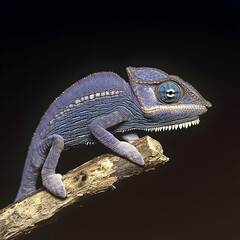 Obraz premium Blue chameleon perched on branch, dark background, wildlife photography, nature documentary