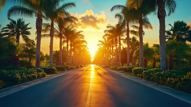 A stunning sunset casts warm golden hues over a picturesque road lined with palm trees. The vibrant colors create a tranquil and inviting ambiance in a tropical setting.