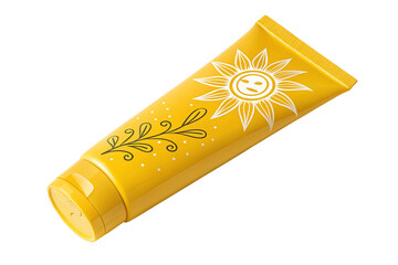 Bright yellow sunscreen tube with sun design, isolated on transparent transparent-generated by ai