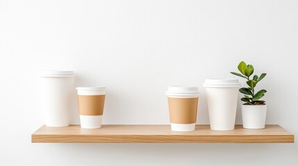 Four coffee cups sit on a light wood shelf against a white wall. Two are white, two have brown paper sleeves. A small plant in a white pot is to the right. The image is clean and well-lit. The style