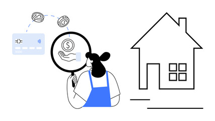 Woman uses magnifying glass over a dollar sign with coins, credit card, and simple house outline. Ideal for finance, budgeting, real estate, analysis, investments loans home planning. Flat simple