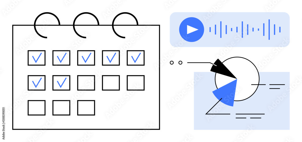 Poster calendar with checked tasks, audio playback symbolizing reminders, and chart for data progress. idea