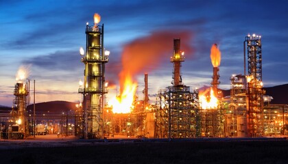 Fototapeta premium industrial gas flares illuminating refined oil processing facility at dusk