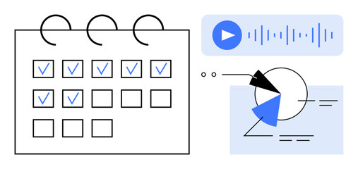 Calendar with checked tasks, audio playback symbolizing reminders, and chart for data progress. Ideal for time management, organization, planning, productivity, analytics, reminders workflow