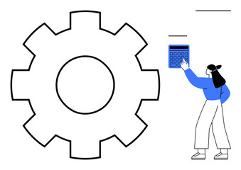 Large gear and person interacting with calculator, representing process optimization, efficiency, analysis. Ideal for teamwork, management, business strategy, innovation, technology calculation