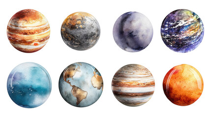 Set of planet watercolor illustrations on a white background, in a hand-drawn style, png