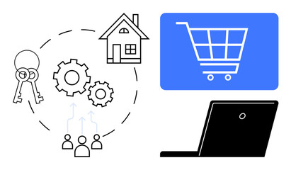 Keys, house, gears with connected people represent teamwork in property management. Shopping cart on laptop suggests e-commerce. Ideal for business, real estate, e-commerce, teamwork, collaboration
