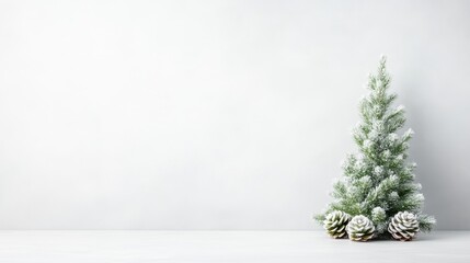 Miniature Snow-Covered Fir Pine Cones Minimalist Style High-Resolution Soft Lighting Landscape Wide Shot Frosted Branches Winter Holiday Theme Cool White Tones Perfect for Greeting Cards