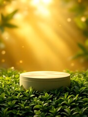 Cosmetics products podium in greenery with harsh sunlight- cosmetics background podium 